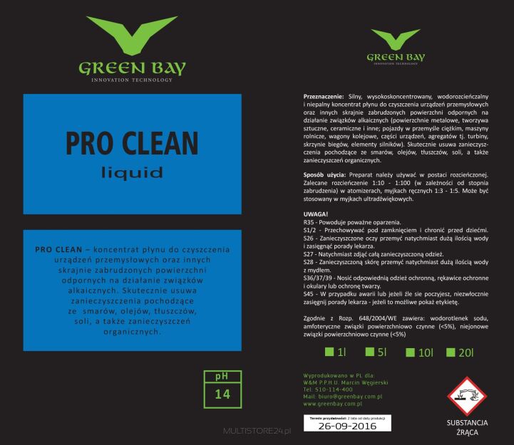GREEN BAY - PRO CLEAN - CZYSZCZENIE URZĄDZEŃ PRZEMYSŁOWYCH I INNYCH SKRAJNIE ZABRUDZONYCH POWIERZCHNI 1L-20L