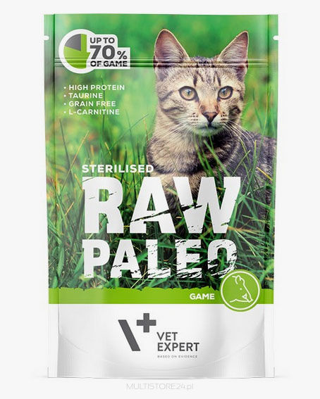 RAW PALEO CAT ADULT GAME STERILLISED - dla kotów wykastrowanych z tauryną i dziczyzną 100 g VETEXPERT 
