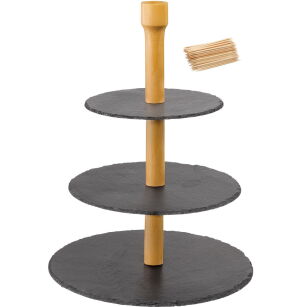 Stojak na ciasto/ przekąski, łupek i bambus, 3-poziomowy
